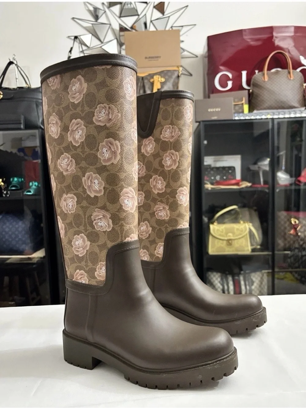 Coach Signature Rubber Rain Boots Tan Dark Brown Floral Pink Size 7B Worn Once.